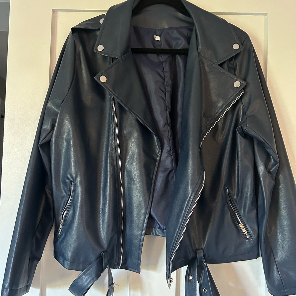 Women's Navy Blue Faux Leather Jacket